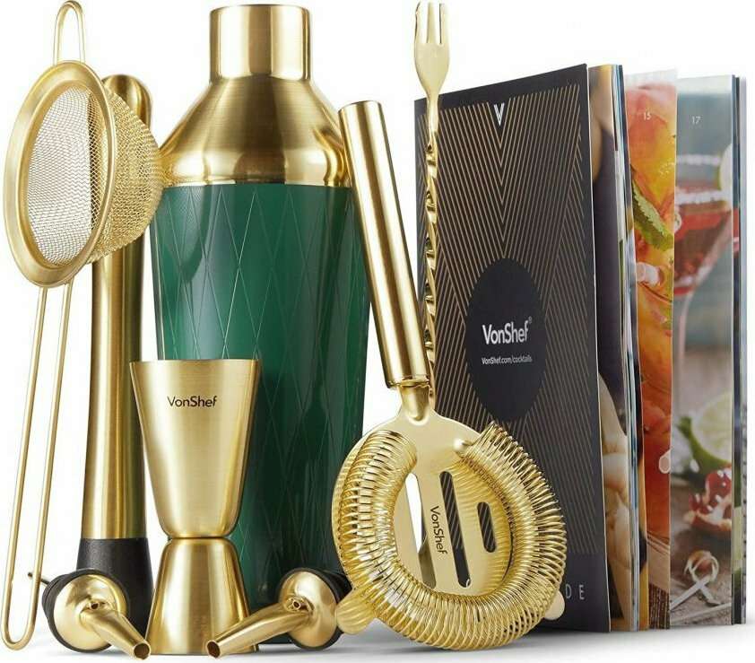 VonShef Cocktail  Σετ για Κοκτέιλ από Ανοξείδωτο Ατσάλι, Green & Brushed Gold - 1000021  