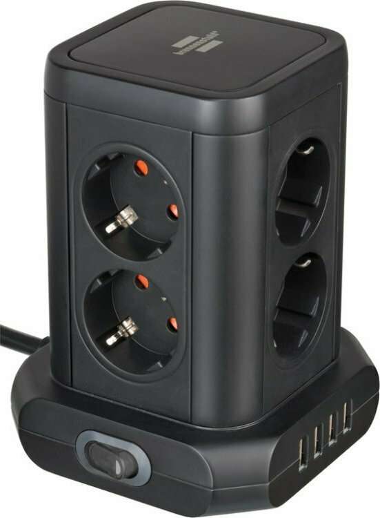 Brennenstuhl Tower Socket PowerCube Πολύπριζο 8 Πριζών & 4 Θύρες Φόρτισης USB, 2Μ Καλώδιο, Μαύρο  