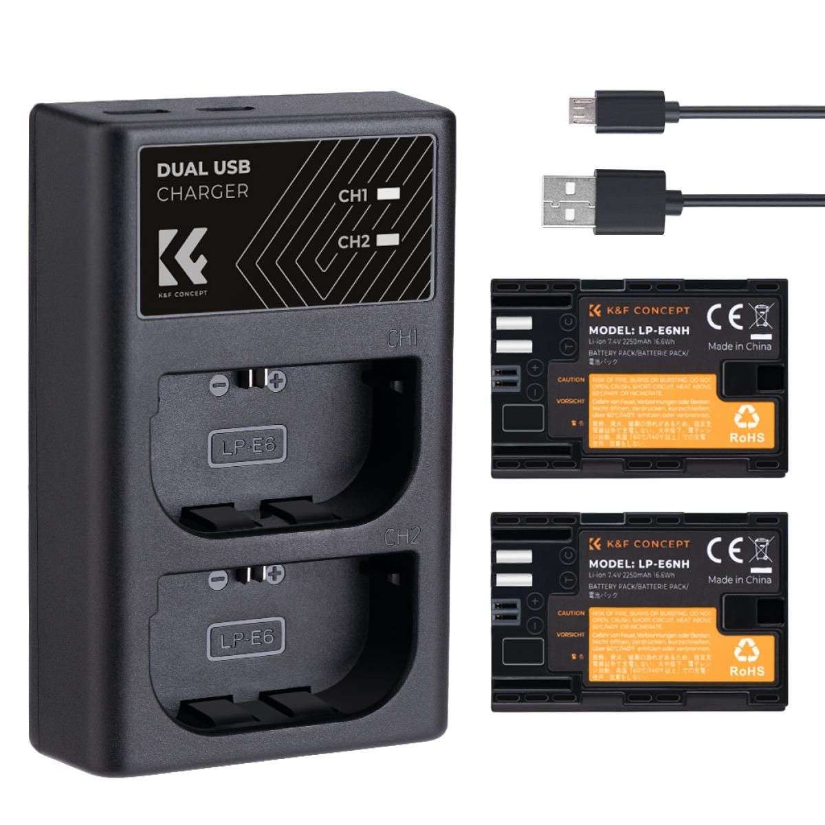 K&F Concept LP-E6NH Dual Slot Battery Fast Charge with 2 Batteries 2250mAh, Compatible with Canon (KF28.0021)  