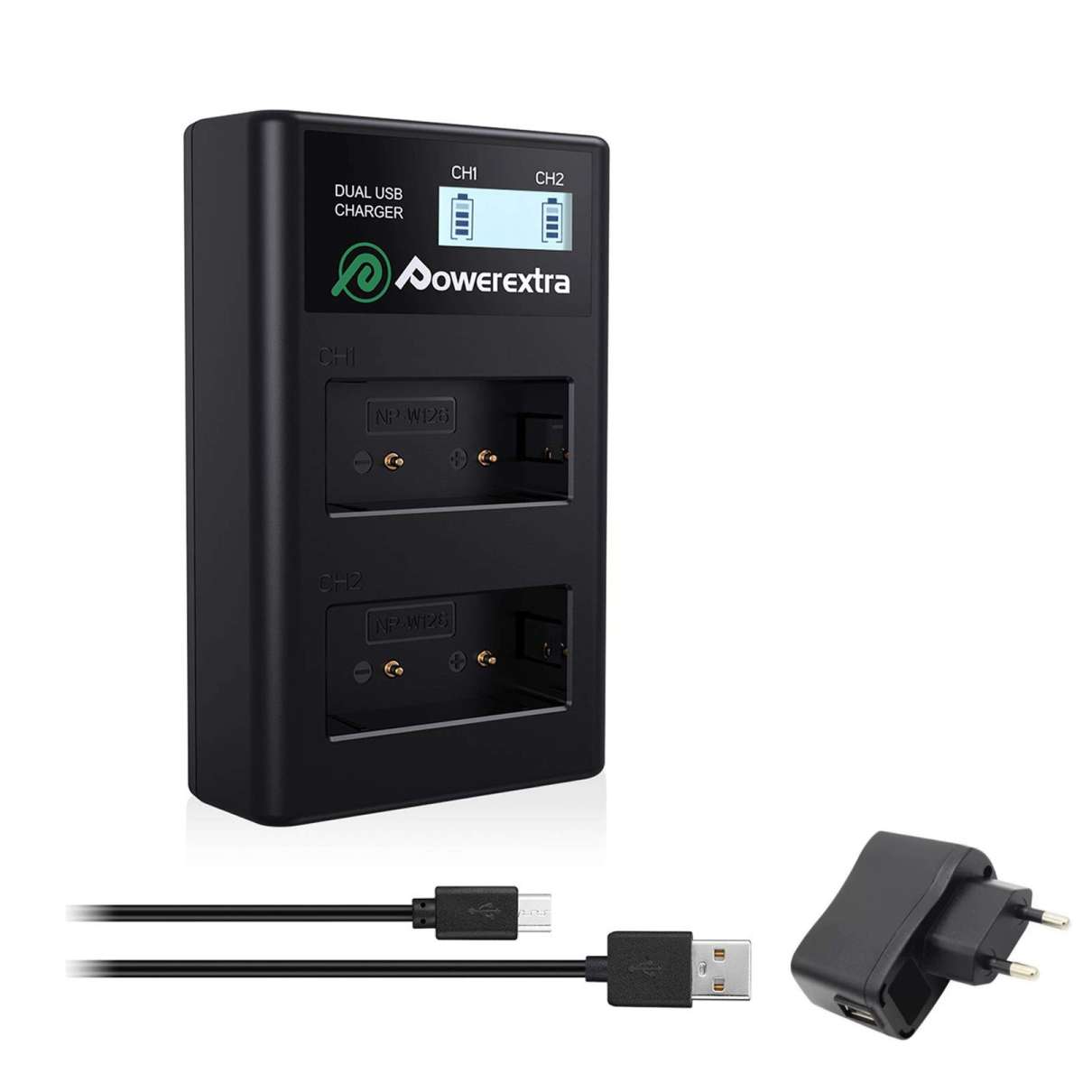 Powerextra DS-W126 Dual Battery Charger with USB AC/DC Power Adapter and LCD Display for Fujifilm NP-W126 Battery   