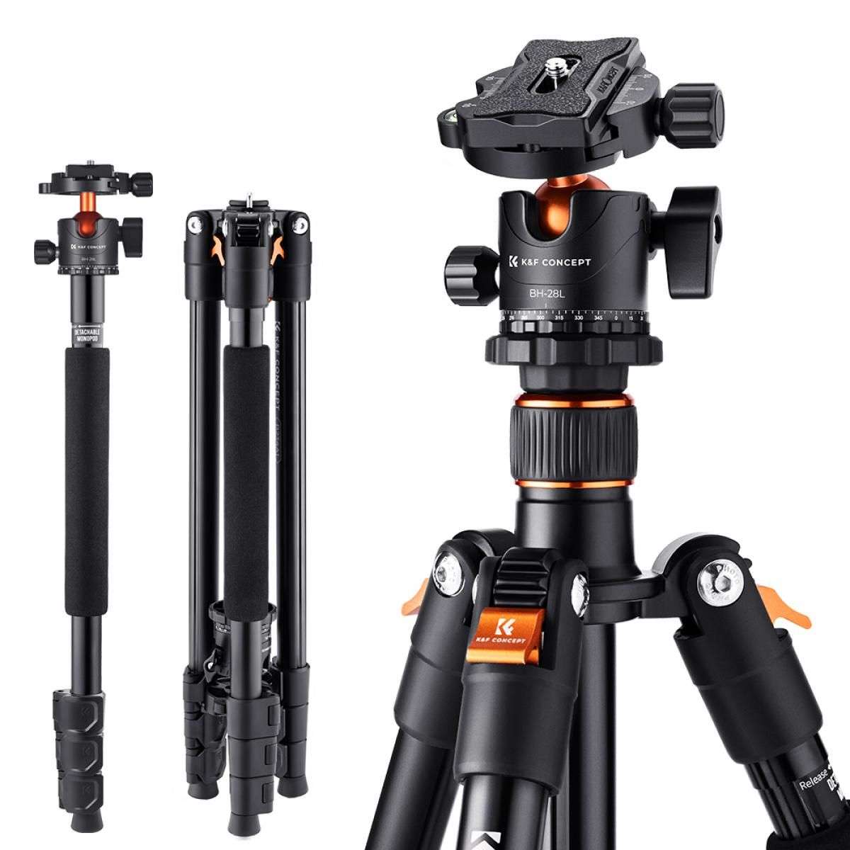 K&F Concept TM2324 Lightweight Travel Tripod Aluminum with 360 Ball Head & Detachable Monopod (KF09.111)  